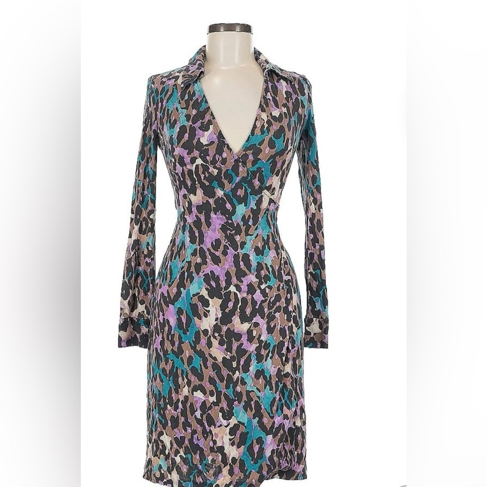 Diane Von Furstenberg Teal and Purple Long Sleeve Dress